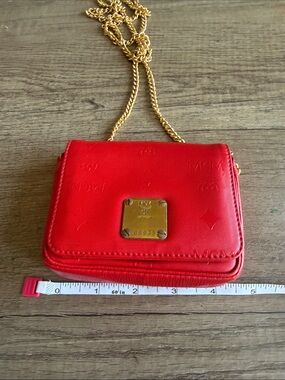 MCM Red Leather Mini Crossbody with Gold Chain